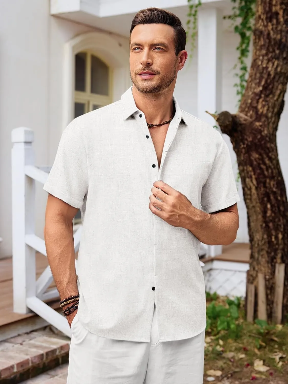 Runcati Mens Short Sleeve Linen Shirts Button Down Casual Texture Summer Beach Wedding Tops