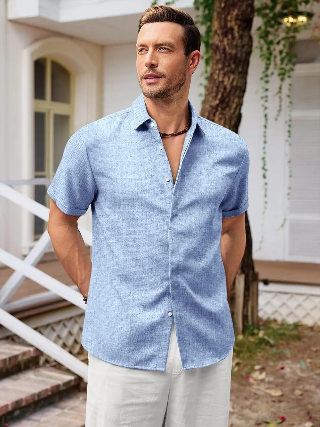 Runcati Mens Short Sleeve Linen Shirts Button Down Casual Texture Summer Beach Wedding Tops
