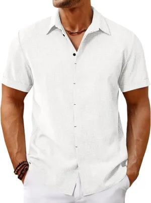 Runcati Mens Short Sleeve Linen Shirts Button Down Casual Texture Summer Beach Wedding Tops