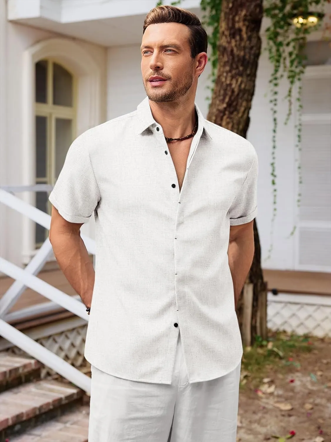 Runcati Mens Short Sleeve Linen Shirts Button Down Casual Texture Summer Beach Wedding Tops