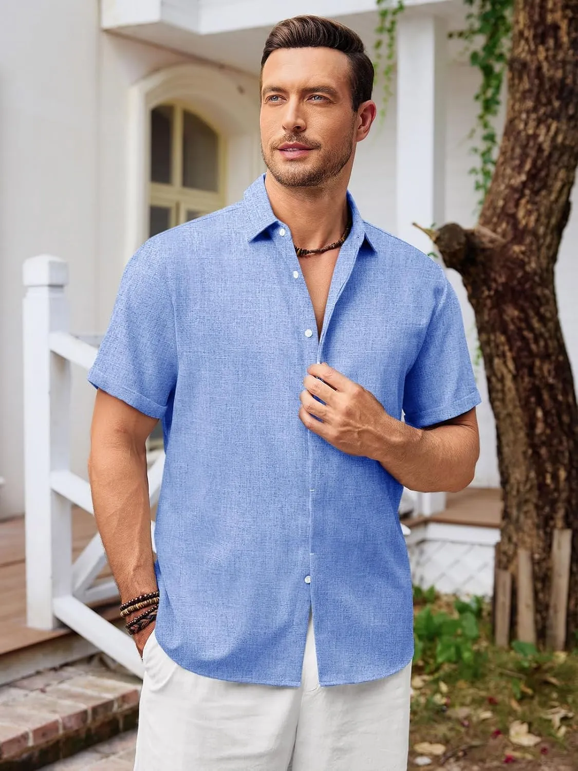 Runcati Mens Short Sleeve Linen Shirts Button Down Casual Texture Summer Beach Wedding Tops
