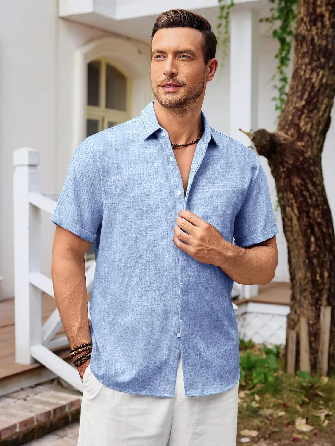 Runcati Mens Short Sleeve Linen Shirts Button Down Casual Texture Summer Beach Wedding Tops