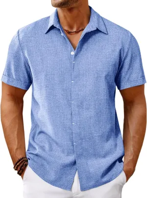 Runcati Mens Short Sleeve Linen Shirts Button Down Casual Texture Summer Beach Wedding Tops
