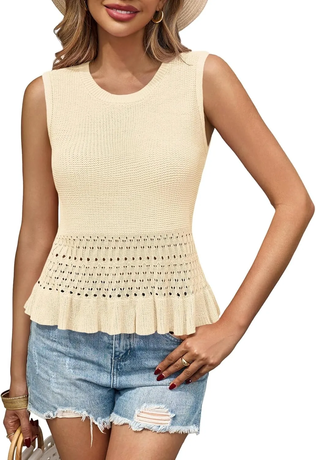 Saodimallsu Womens Crochet Crop Tank Tops Sleeveless Crew Neck Ruffle Summer Boho Knit Sweater Vest