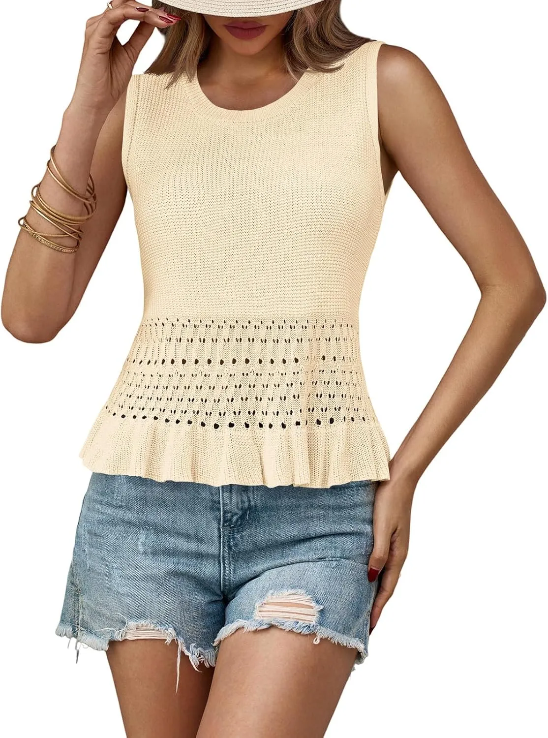 Saodimallsu Womens Crochet Crop Tank Tops Sleeveless Crew Neck Ruffle Summer Boho Knit Sweater Vest