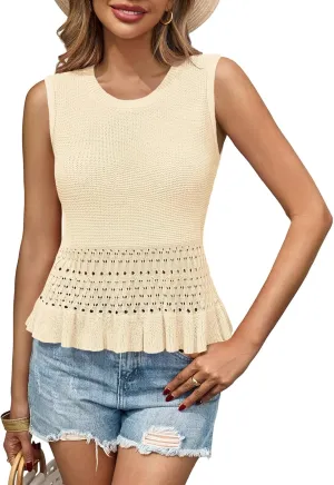 Saodimallsu Womens Crochet Crop Tank Tops Sleeveless Crew Neck Ruffle Summer Boho Knit Sweater Vest