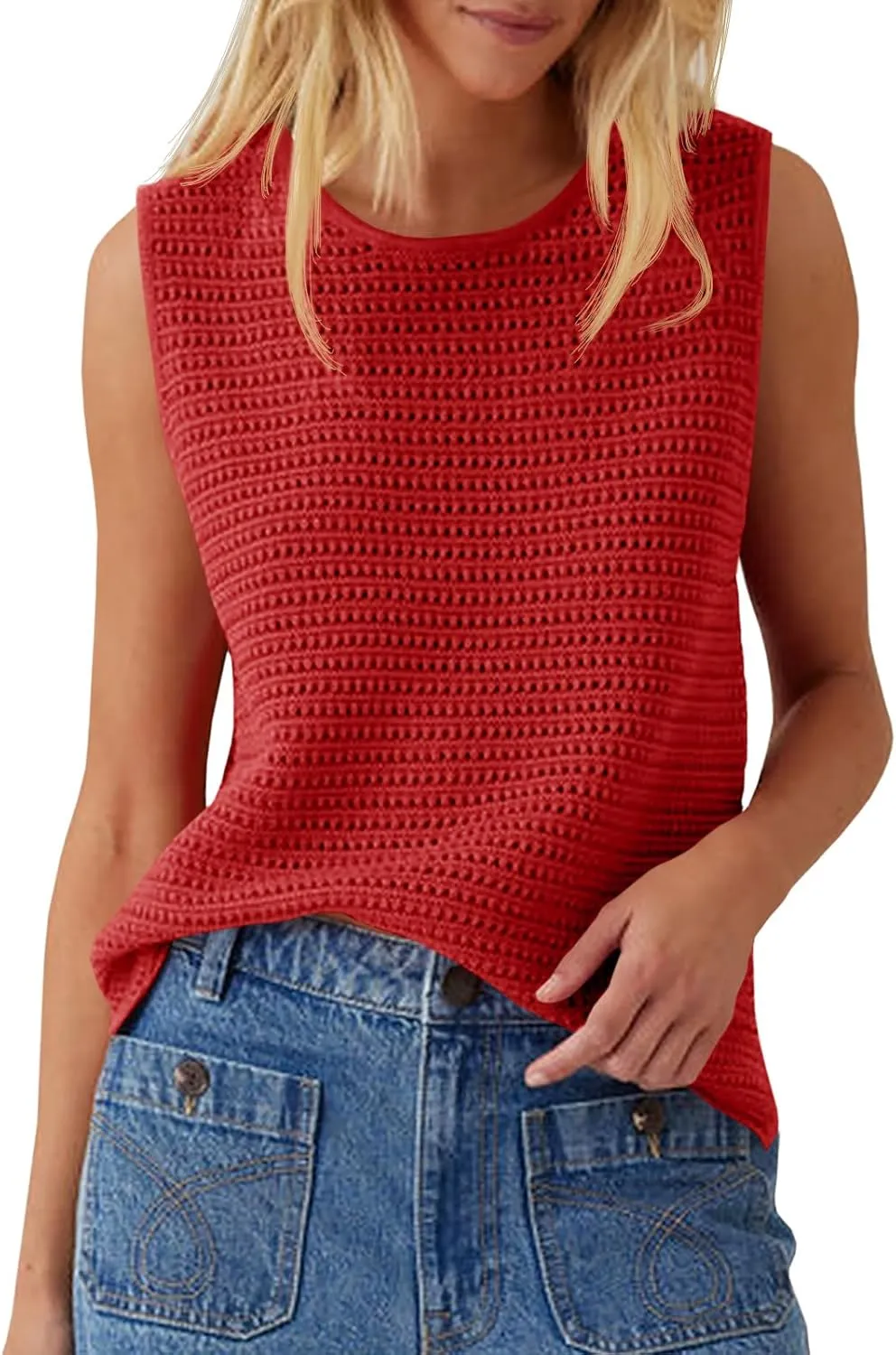 Saodimallsu Womens Crochet Tank Tops Summer Sleeveless Crew Neck Basic Mesh Knit Loose Pullover Sweater Vest