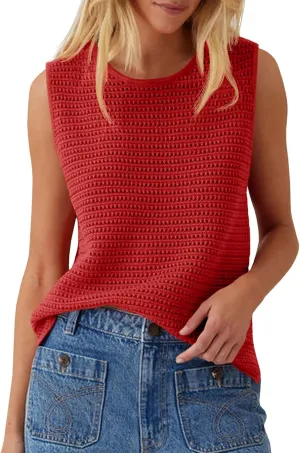 Saodimallsu Womens Crochet Tank Tops Summer Sleeveless Crew Neck Basic Mesh Knit Loose Pullover Sweater Vest