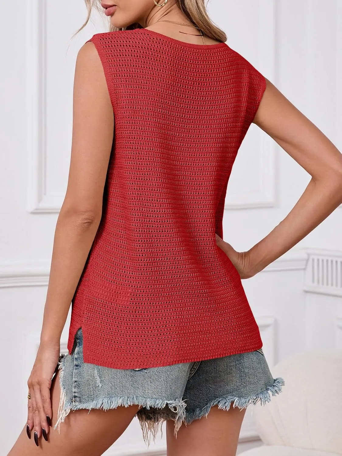 Saodimallsu Womens Crochet Tank Tops Summer Sleeveless Crew Neck Basic Mesh Knit Loose Pullover Sweater Vest