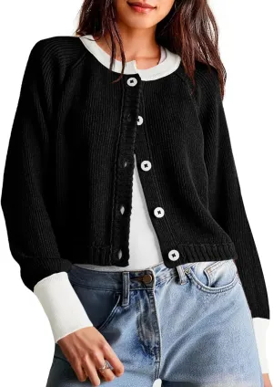 Saodimallsu Womens Cropped Cardigan Sweaters Button Down Open Front Long Sleeve Fall Trendy Color Block Knit Coats