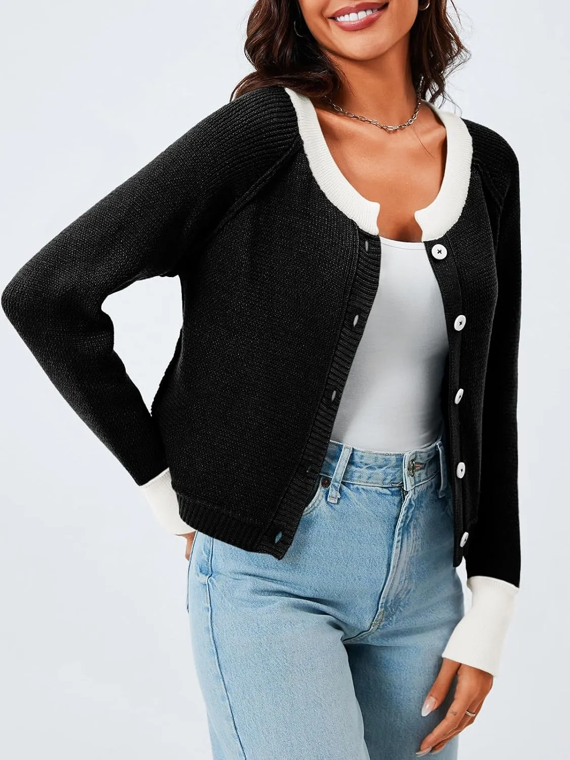 Saodimallsu Womens Cropped Cardigan Sweaters Button Down Open Front Long Sleeve Fall Trendy Color Block Knit Coats