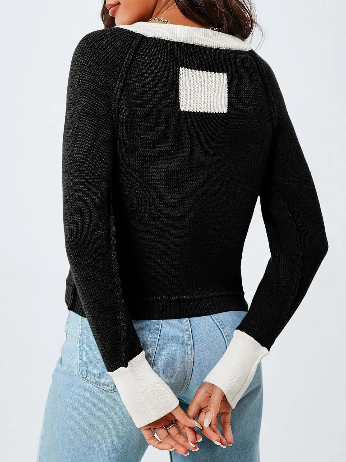Saodimallsu Womens Cropped Cardigan Sweaters Button Down Open Front Long Sleeve Fall Trendy Color Block Knit Coats