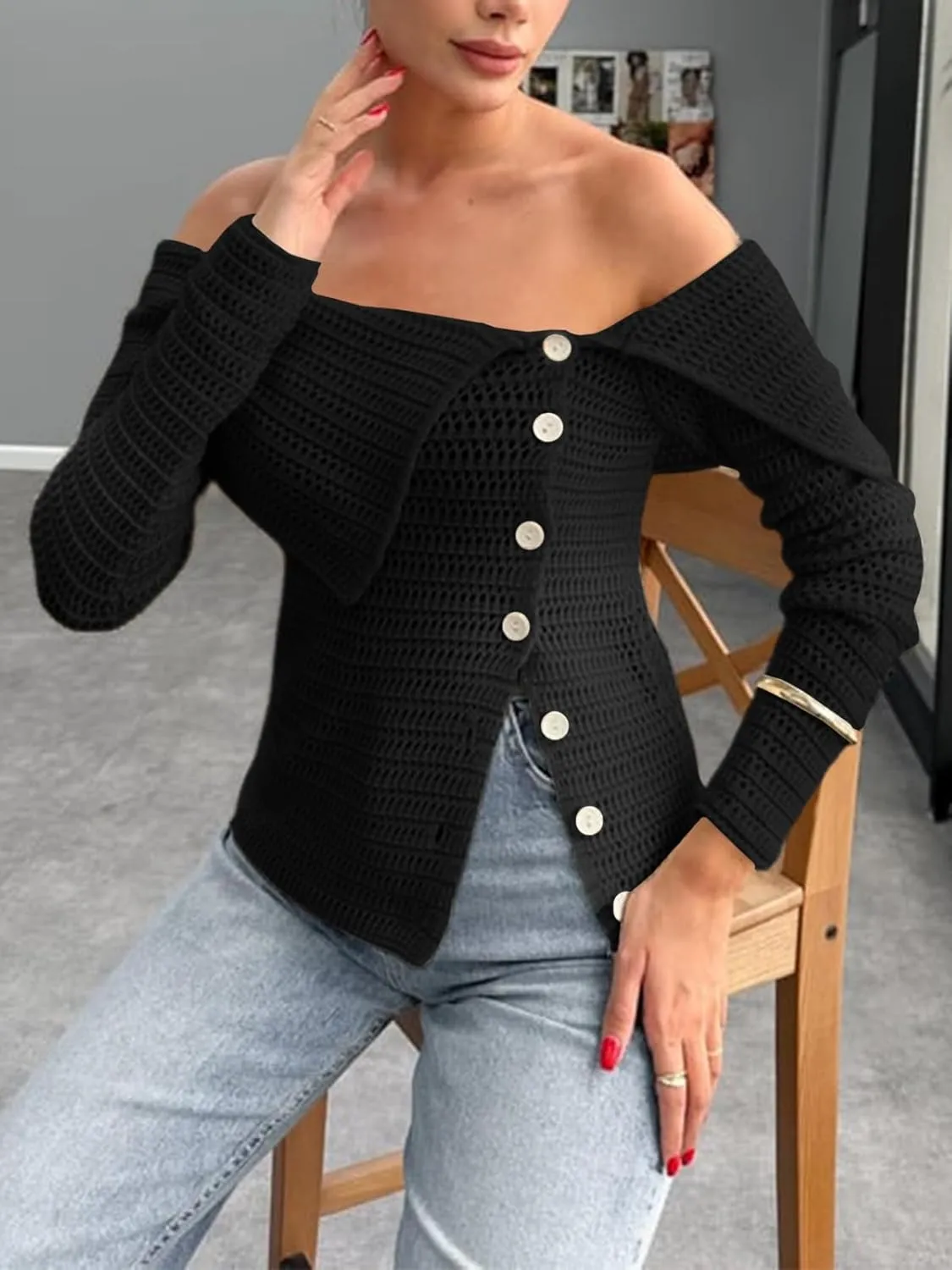 Saodimallsu Womens Off The Shoulder Sweater Long Sleeve Y2k Button Trendy Knitted Asymmetric Crop Tops