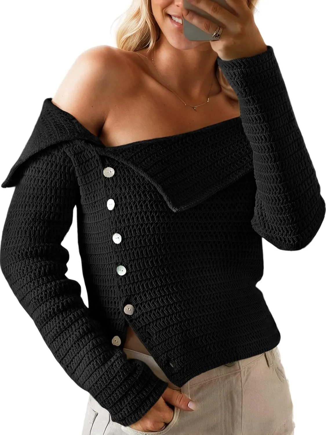 Saodimallsu Womens Off The Shoulder Sweater Long Sleeve Y2k Button Trendy Knitted Asymmetric Crop Tops