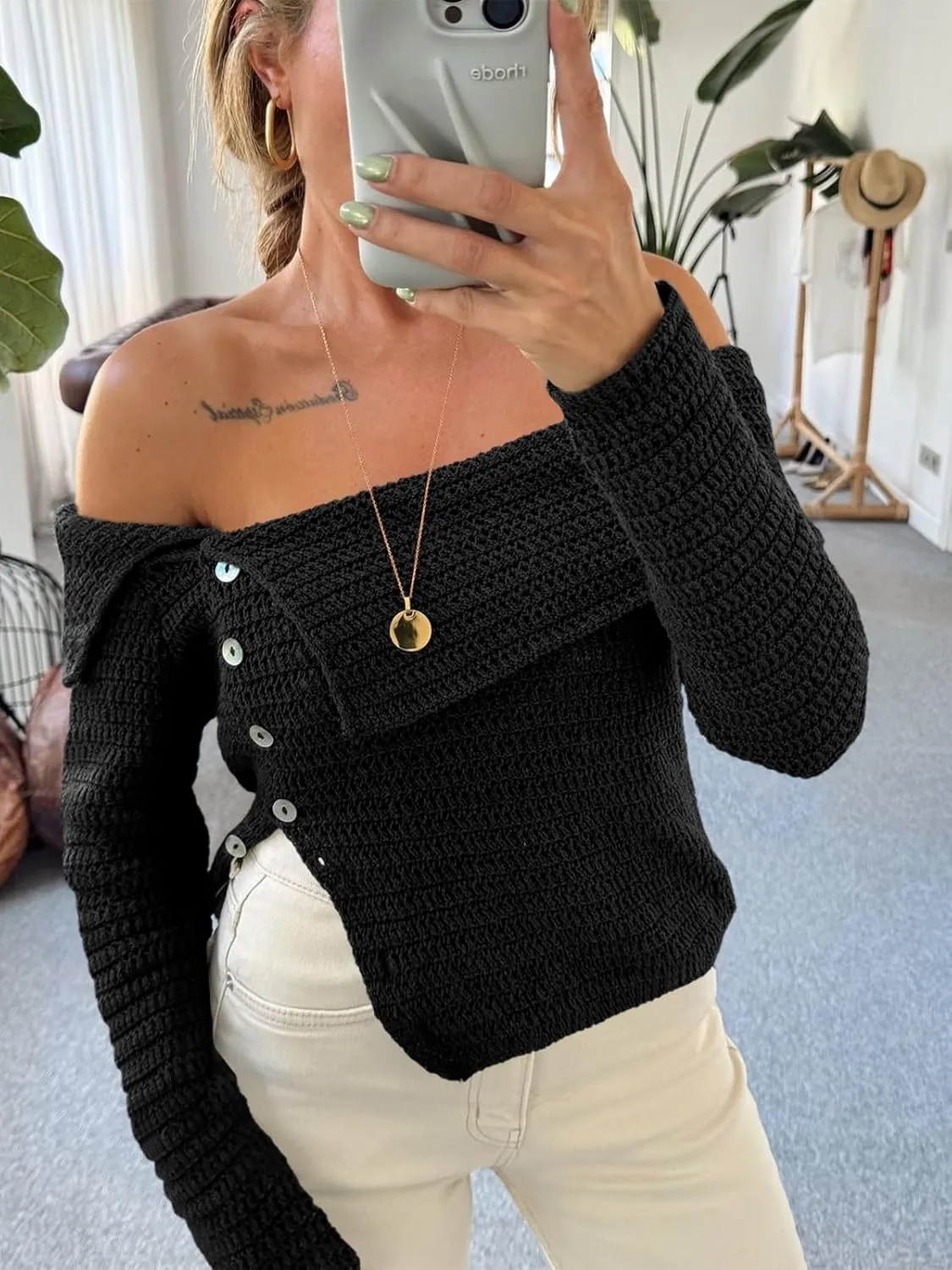 Saodimallsu Womens Off The Shoulder Sweater Long Sleeve Y2k Button Trendy Knitted Asymmetric Crop Tops