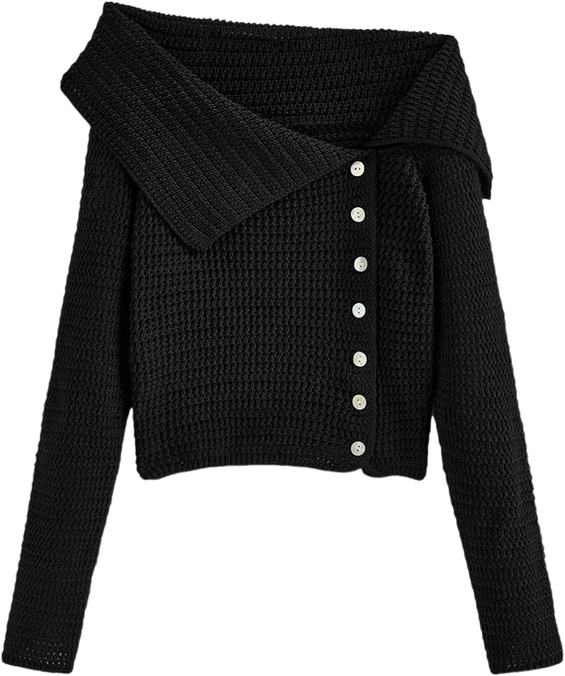 Saodimallsu Womens Off The Shoulder Sweater Long Sleeve Y2k Button Trendy Knitted Asymmetric Crop Tops