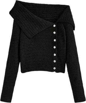 Saodimallsu Womens Off The Shoulder Sweater Long Sleeve Y2k Button Trendy Knitted Asymmetric Crop Tops