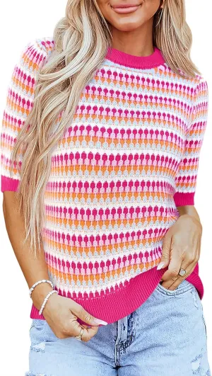 Saodimallsu Womens Short Sleeve Striped Sweater Tops Summer Color Block Crew Neck Cute Colorful Going Out Shirts