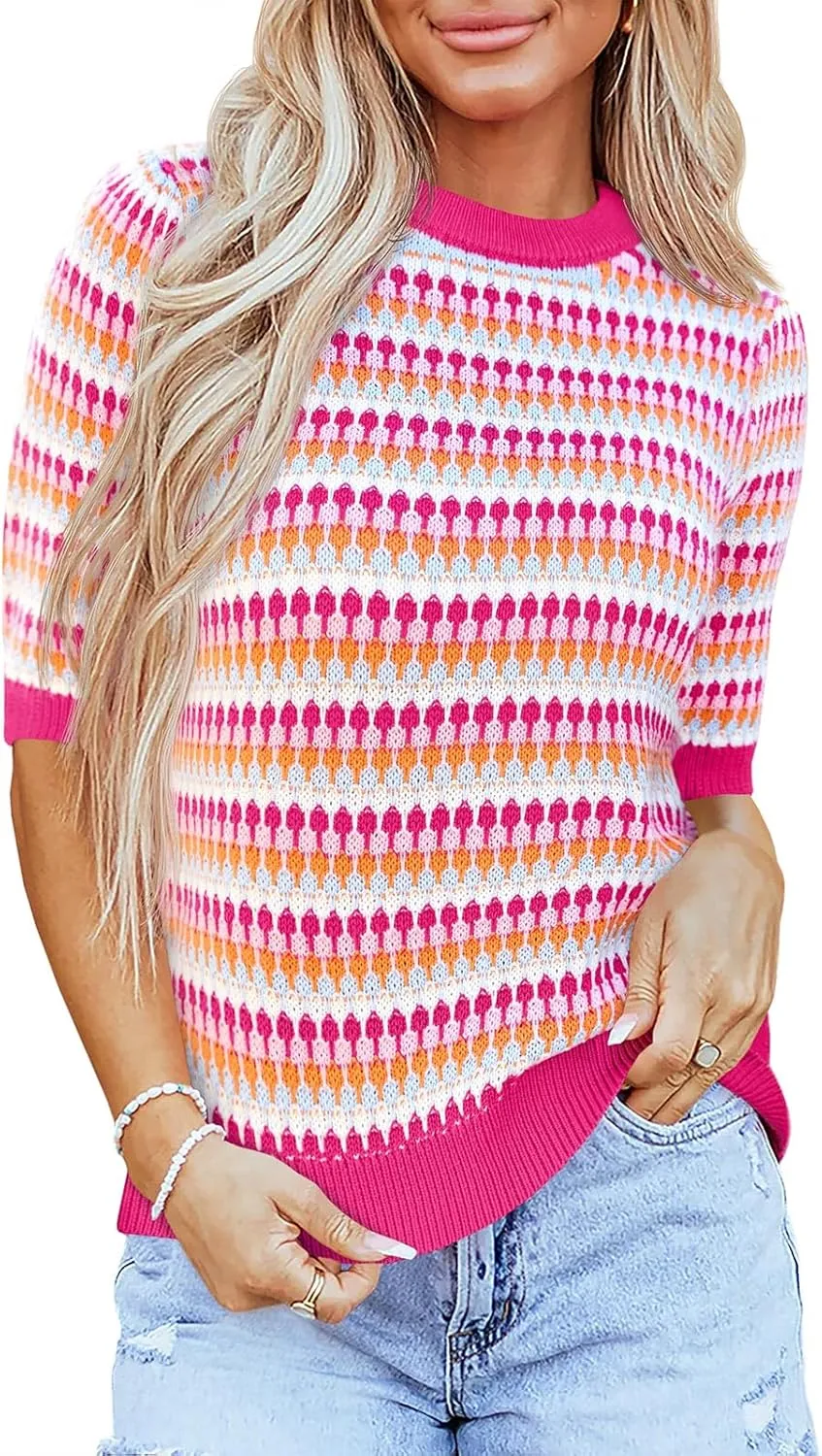 Saodimallsu Womens Short Sleeve Striped Sweater Tops Summer Color Block Crew Neck Cute Colorful Going Out Shirts