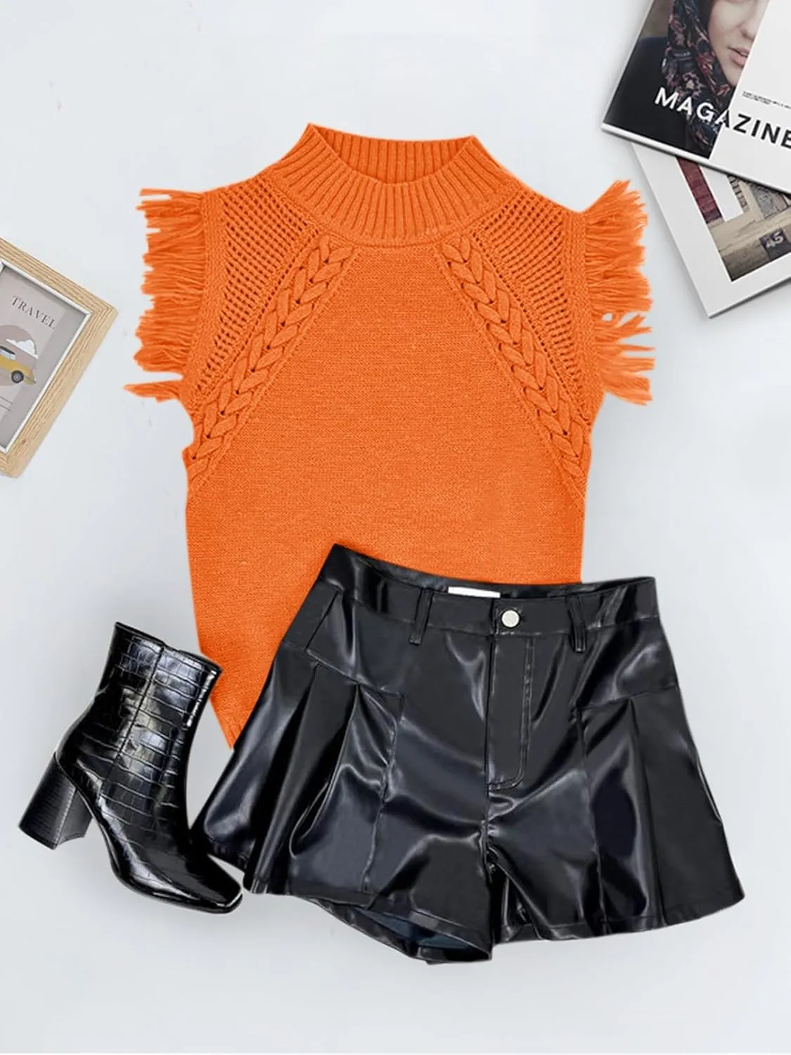 Saodimallsu Womens Sleeveless Sweater Vest Mock Neck Cable Knit Fringe Cap Sleeve Boho Trendy Pullover Tank Tops