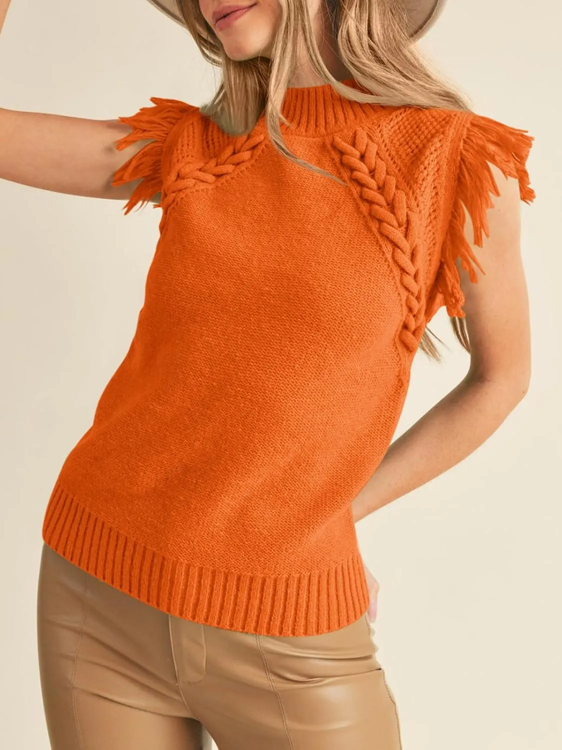 Saodimallsu Womens Sleeveless Sweater Vest Mock Neck Cable Knit Fringe Cap Sleeve Boho Trendy Pullover Tank Tops