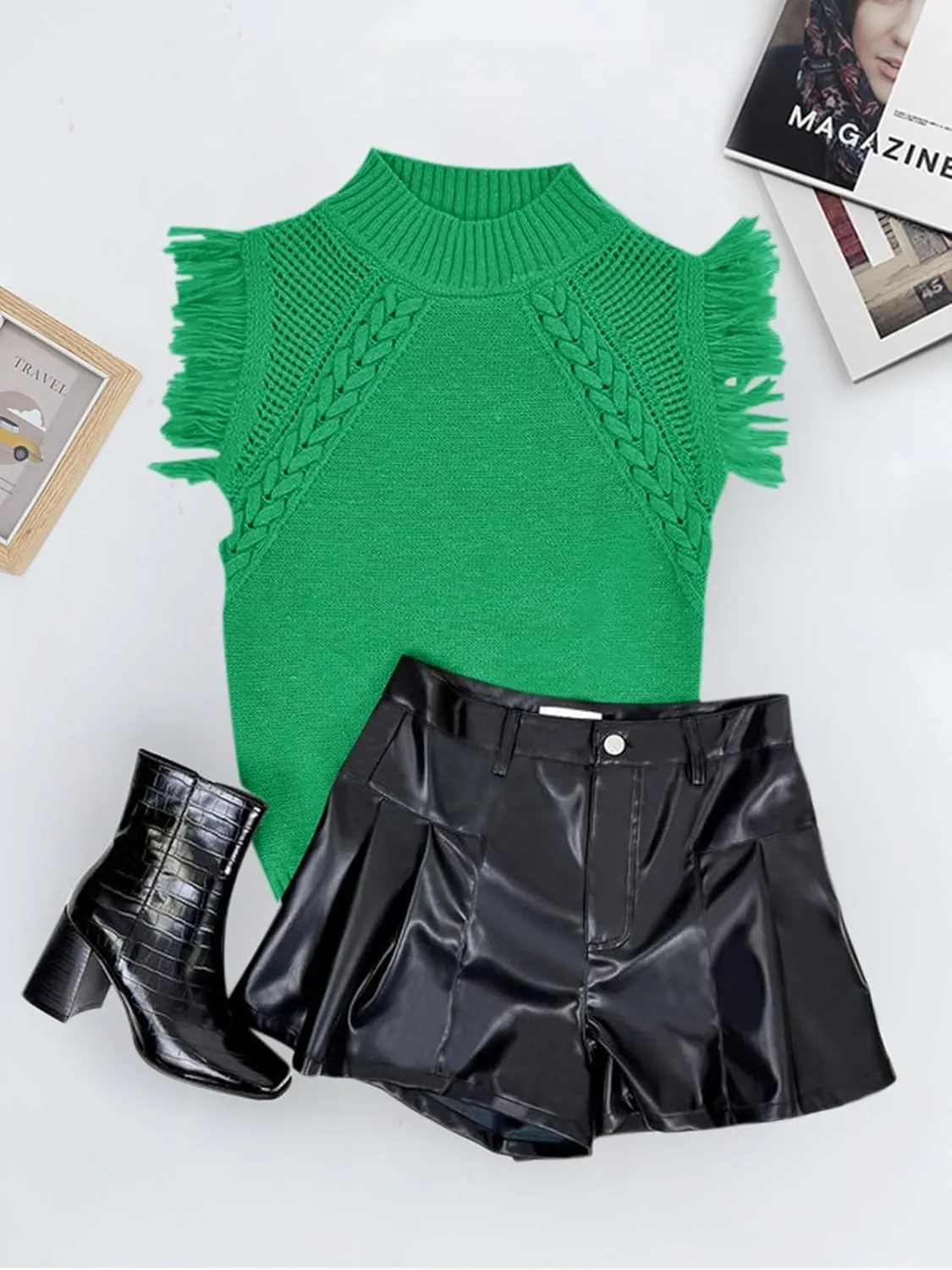 Saodimallsu Womens Sleeveless Sweater Vest Mock Neck Cable Knit Fringe Cap Sleeve Boho Trendy Pullover Tank Tops