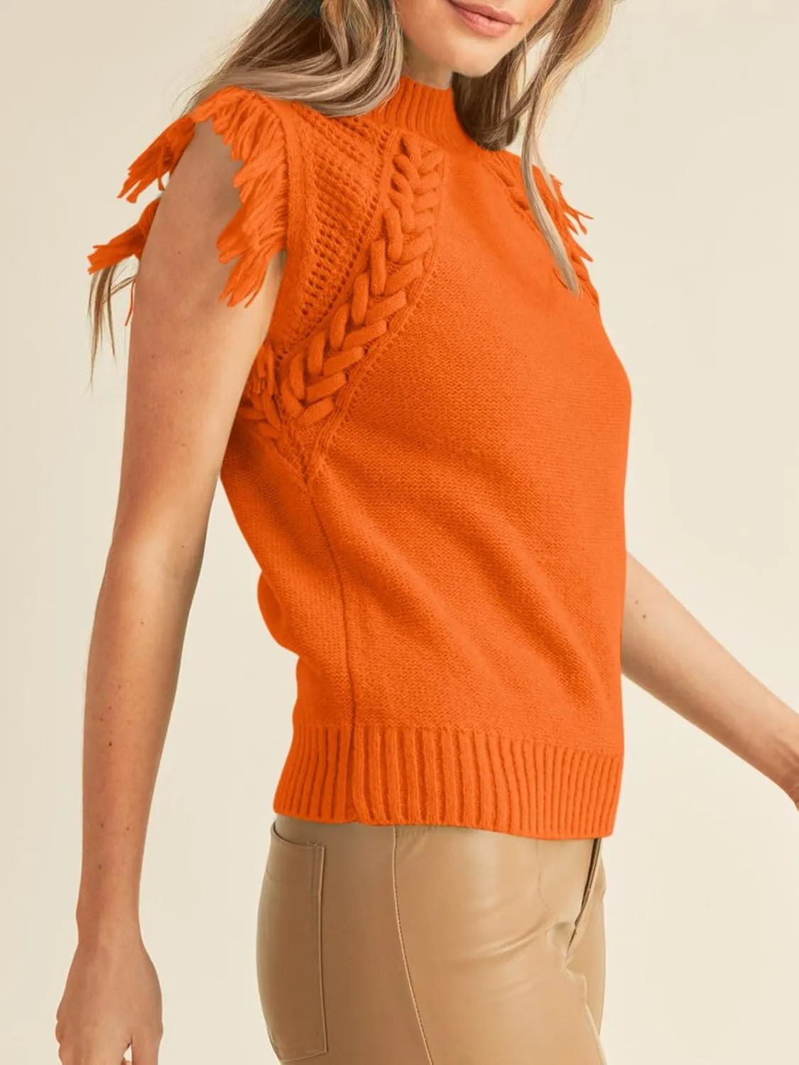Saodimallsu Womens Sleeveless Sweater Vest Mock Neck Cable Knit Fringe Cap Sleeve Boho Trendy Pullover Tank Tops