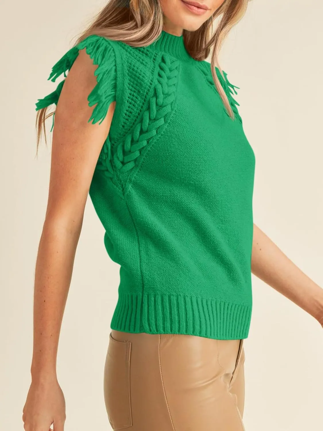 Saodimallsu Womens Sleeveless Sweater Vest Mock Neck Cable Knit Fringe Cap Sleeve Boho Trendy Pullover Tank Tops
