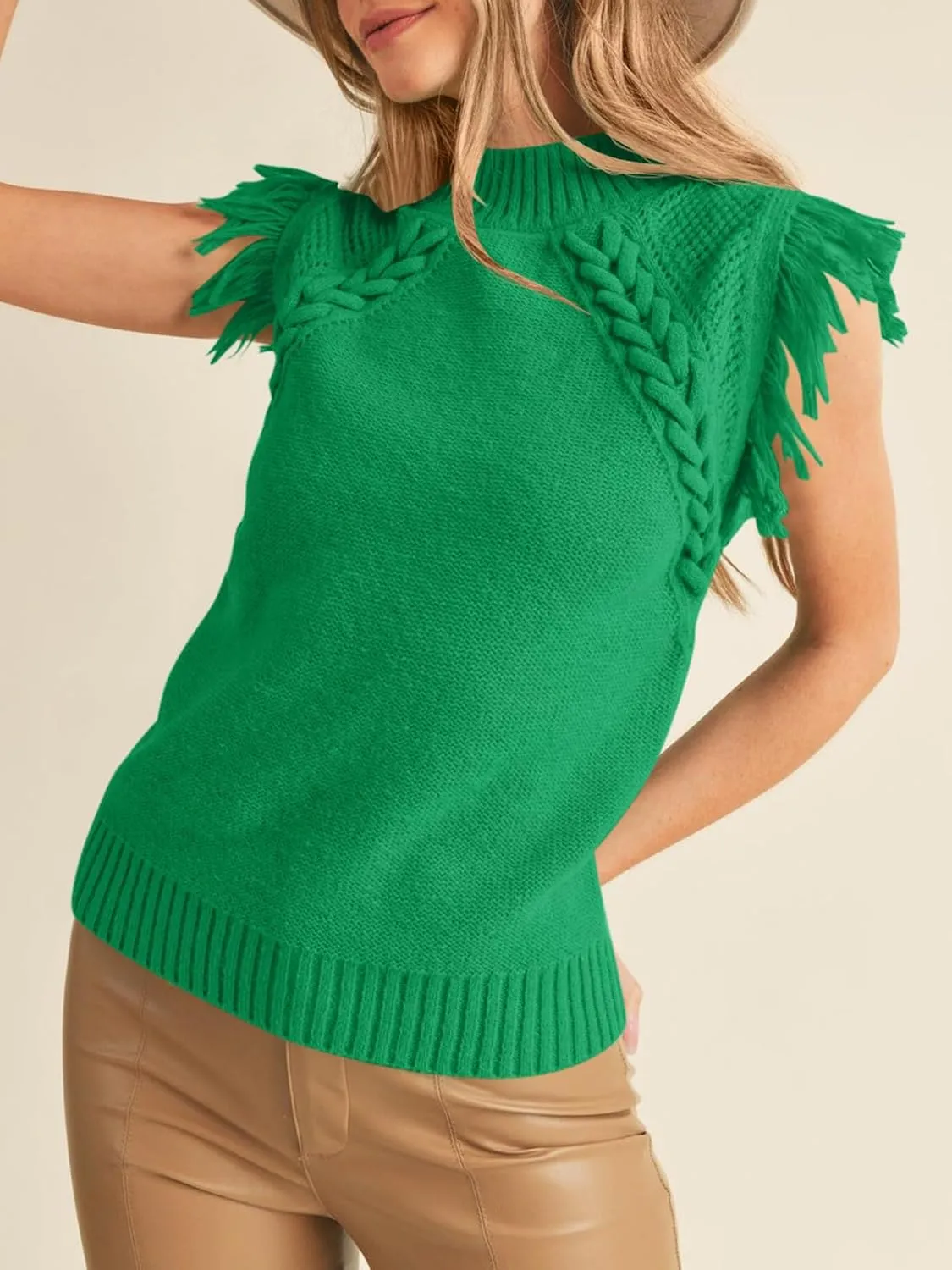 Saodimallsu Womens Sleeveless Sweater Vest Mock Neck Cable Knit Fringe Cap Sleeve Boho Trendy Pullover Tank Tops