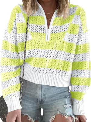 Saodimallsu Womens Striped Crochet Sweaters Half Zip Cropped V Neck Color Block Loose Knit Pullover Tops
