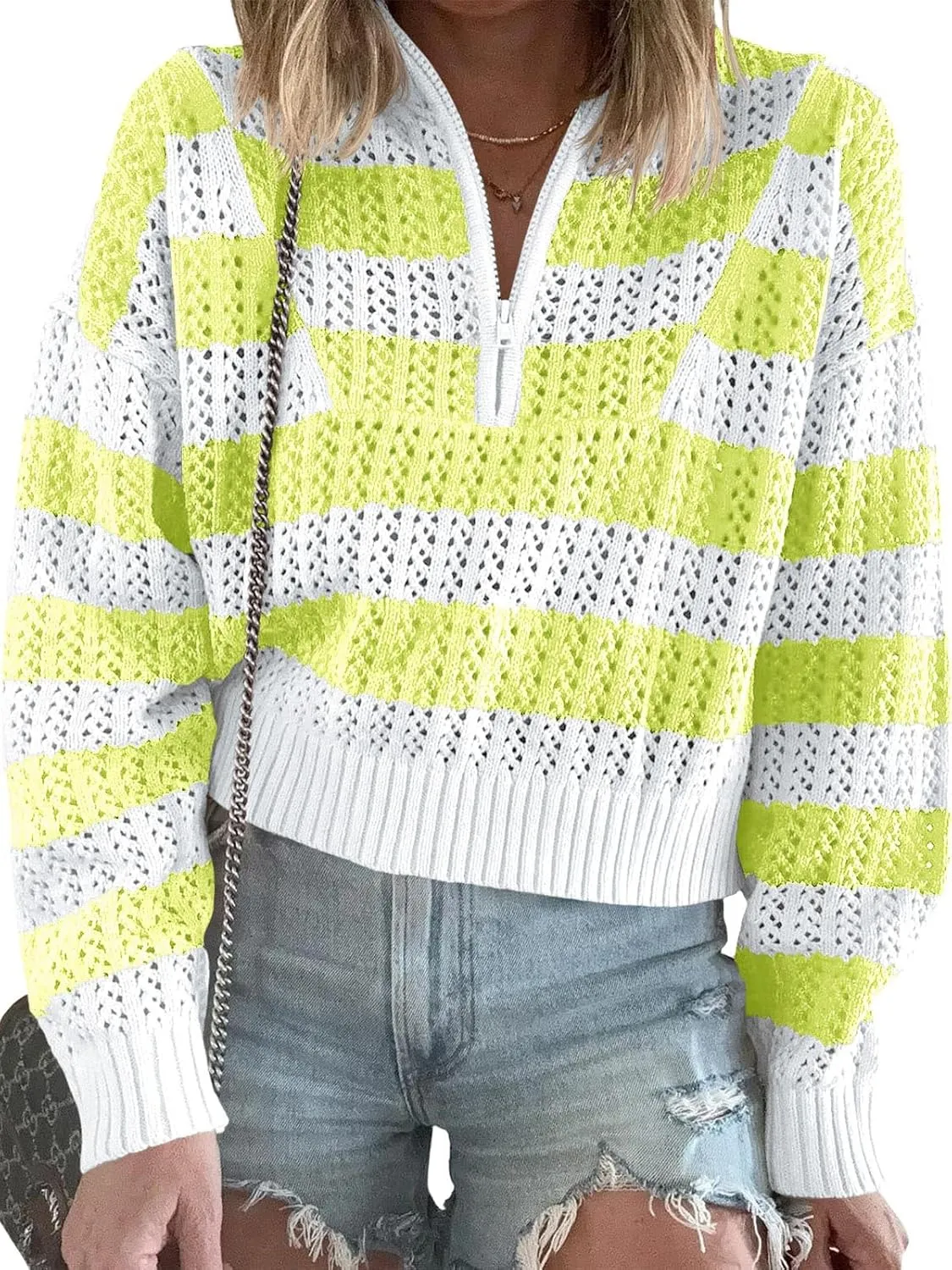 Saodimallsu Womens Striped Crochet Sweaters Half Zip Cropped V Neck Color Block Loose Knit Pullover Tops