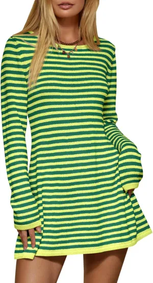 Saodimallsu Womens Striped Pullover Sweater Crew Neck Fall Long Sleeve Trendy Casual Ribbed Knit Tunic Mini Dress