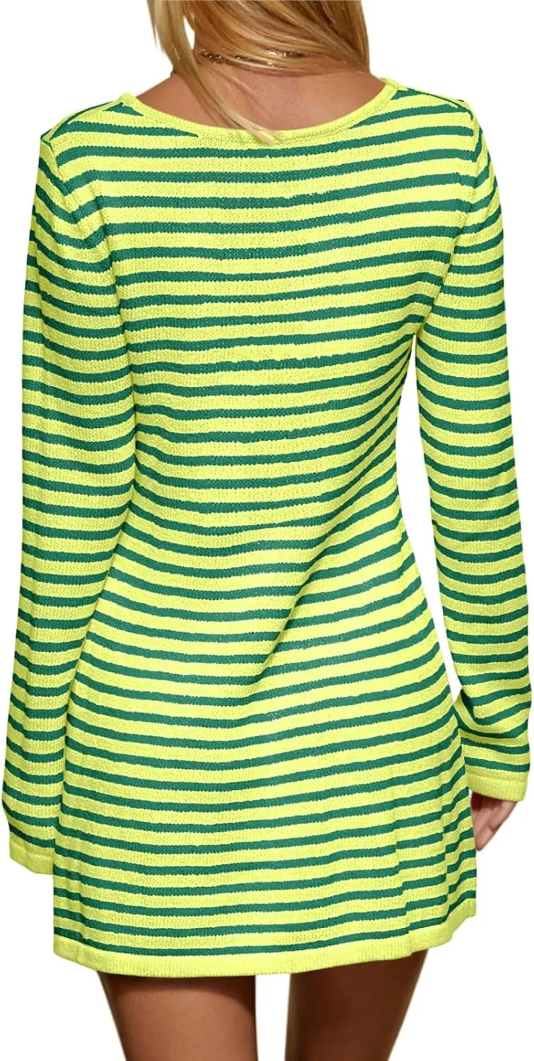 Saodimallsu Womens Striped Pullover Sweater Crew Neck Fall Long Sleeve Trendy Casual Ribbed Knit Tunic Mini Dress