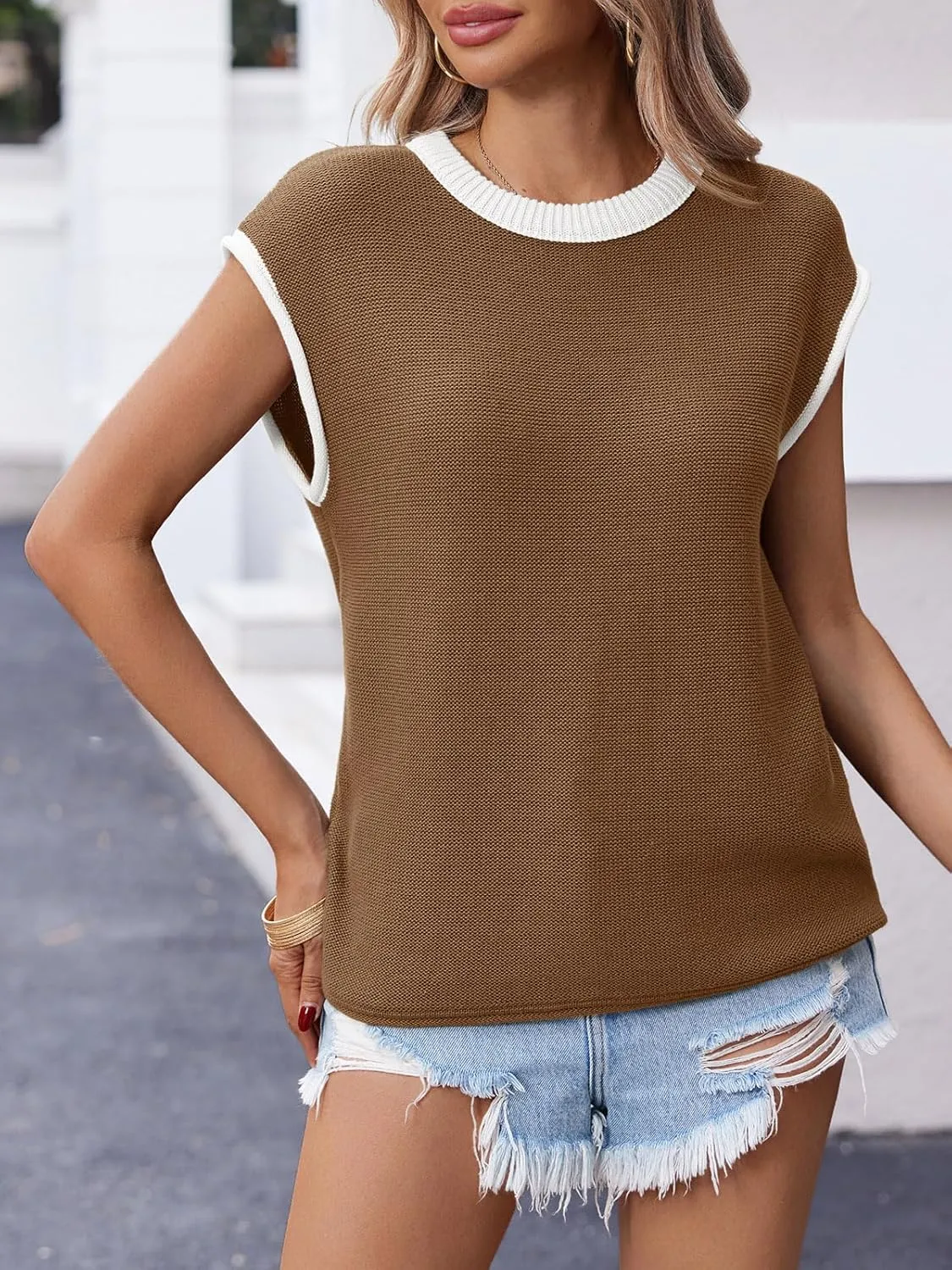 Saodimallsu Womens Summer Cap Sleeve Knit Tops Casual Sleeveless Sweater Vest Crew Neck Color Block 2025 Trendy Tank Top