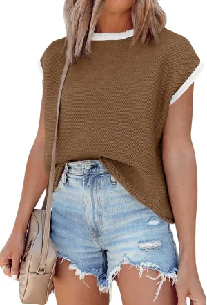 Saodimallsu Womens Summer Cap Sleeve Knit Tops Casual Sleeveless Sweater Vest Crew Neck Color Block 2025 Trendy Tank Top