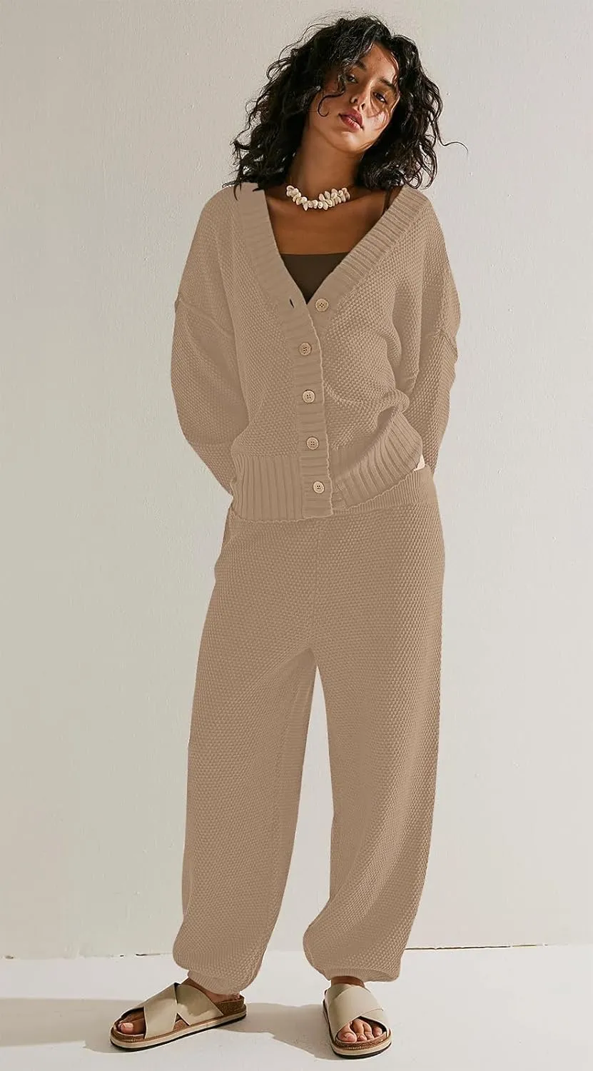 SAUKOLE Womens Two Piece Outfits Knit Sweater Sets Oversized Button Down Cardigan and Long Pants Matching Lounge Set