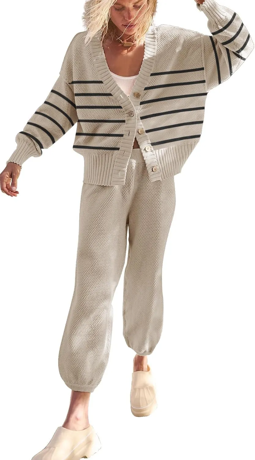 SAUKOLE Womens Two Piece Outfits Knit Sweater Sets Oversized Button Down Cardigan and Long Pants Matching Lounge Set