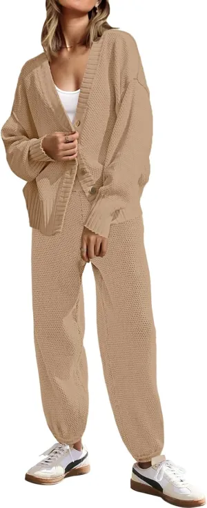 SAUKOLE Womens Two Piece Outfits Knit Sweater Sets Oversized Button Down Cardigan and Long Pants Matching Lounge Set