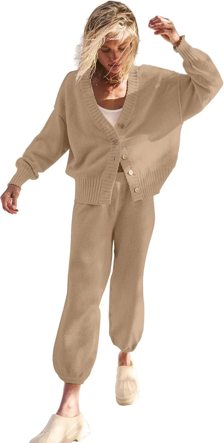 SAUKOLE Womens Two Piece Outfits Knit Sweater Sets Oversized Button Down Cardigan and Long Pants Matching Lounge Set