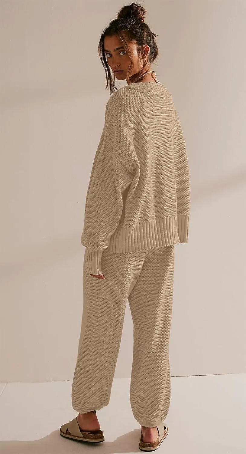 SAUKOLE Womens Two Piece Outfits Knit Sweater Sets Oversized Button Down Cardigan and Long Pants Matching Lounge Set