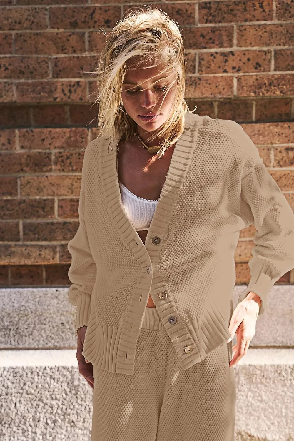 SAUKOLE Womens Two Piece Outfits Knit Sweater Sets Oversized Button Down Cardigan and Long Pants Matching Lounge Set