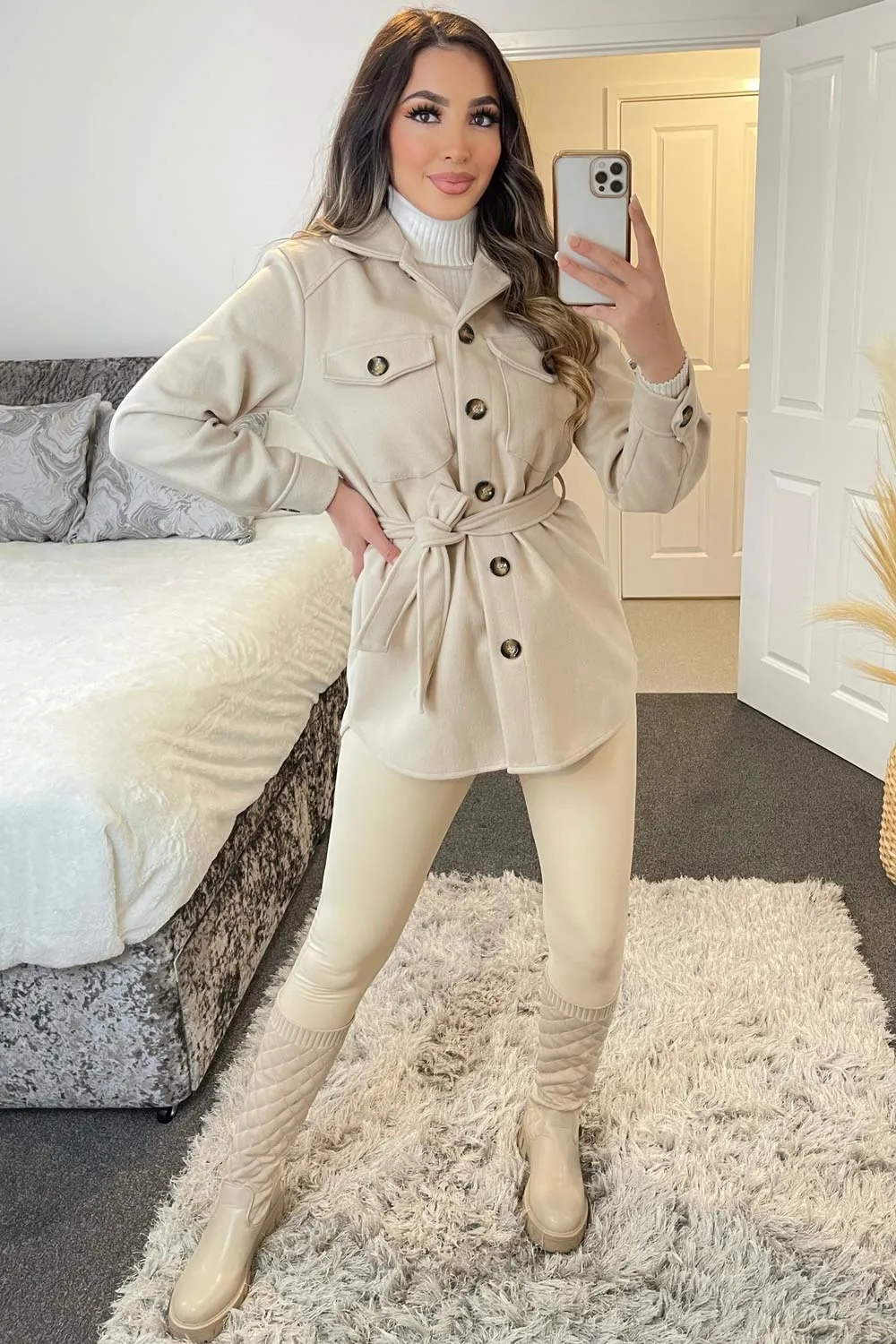 Saylor Beige Belted Oversized Shacket