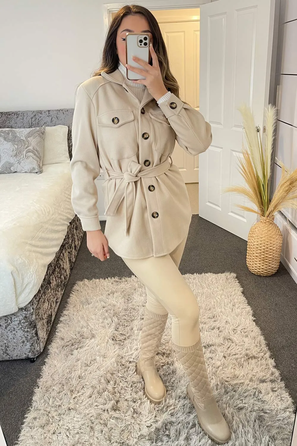 Saylor Beige Belted Oversized Shacket
