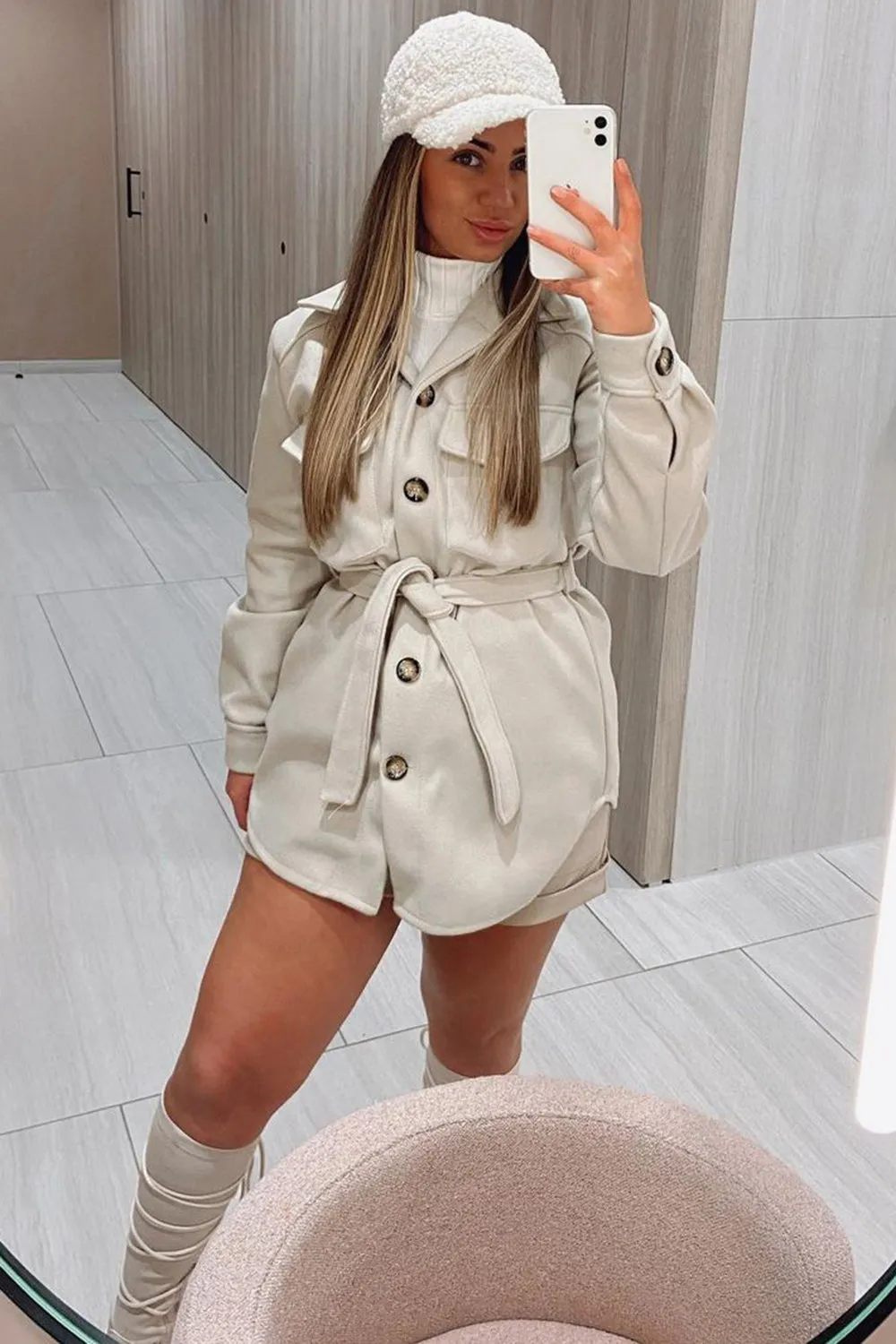 Saylor Beige Belted Oversized Shacket