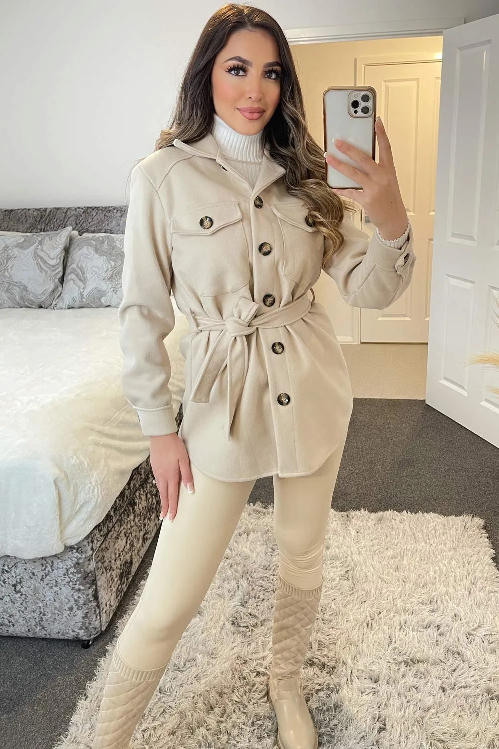 Saylor Beige Belted Oversized Shacket