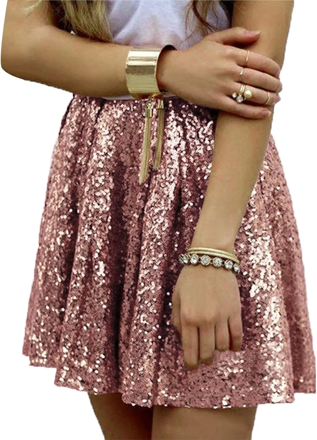 Sequin Skirts for Women High Waist Stretch Pleated Skirts Shiny Bodycon Mini Skirt Rave Party Sparkly Dance Short Skirt