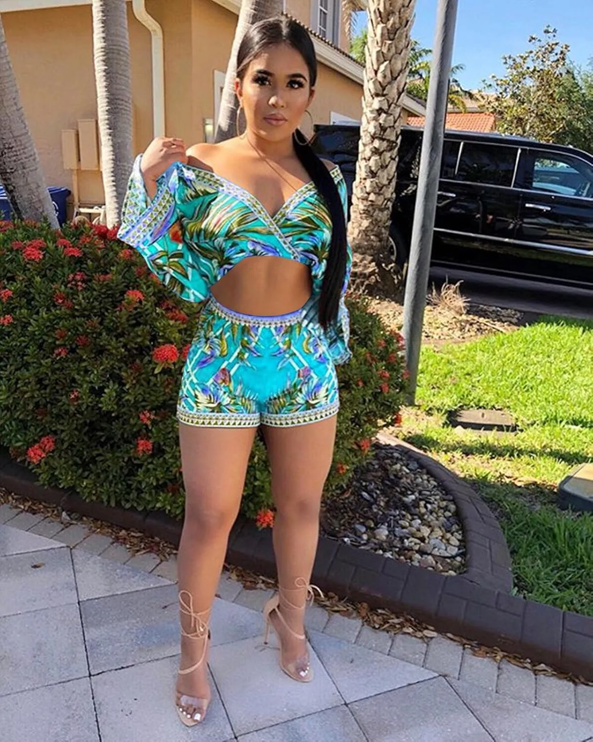 Sexy Two Piece Shorts Set - African Floral Jumpsuits Rompers Vacation Club Outfit