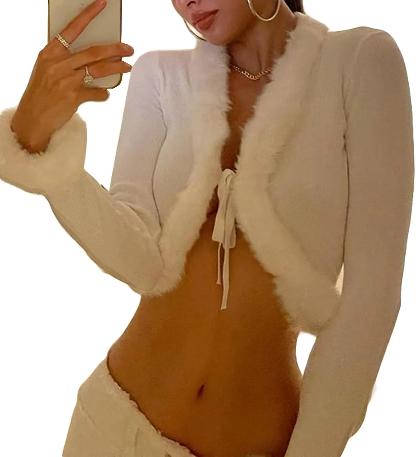 Sexy Women Long Sleeve Tie-up Cardigan Deep V Solid Crop Tops Fur Trim Fashion Knitted Sweaters