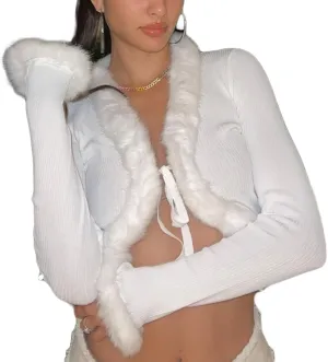 Sexy Women Long Sleeve Tie-up Cardigan Deep V Solid Crop Tops Fur Trim Fashion Knitted Sweaters
