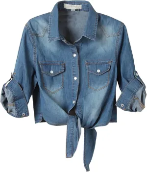 Sexyshine Women's 3/4 Sleeve Knot Tie Front Cropped Denim Blouse Shirt Lapel Button Down Short Jean Shirt Cardigan Top